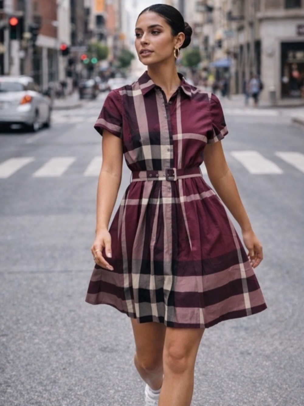 Liza Luxe for Modcloth Burgundy Plaid Belted Retro Shirt Dress size medium